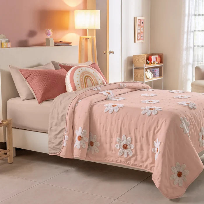FLORENCIA FLOWERS EMBROIDERY TEXTURE REVERSIBLE COMFORTER SET 3 PCS TWIN SIZE MADE IN MEXICO