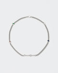 Forever Young cuban chain necklace with 18kt white gold coating, mixed shape bezel stones in diamond white, burna blue, green, chocolate and "Forever Young" central metal tag
