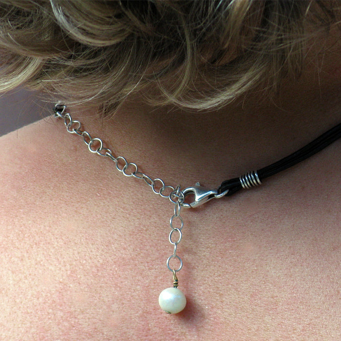 Freshwater Pearl Leather Cord Necklace Silver Wrapped back side