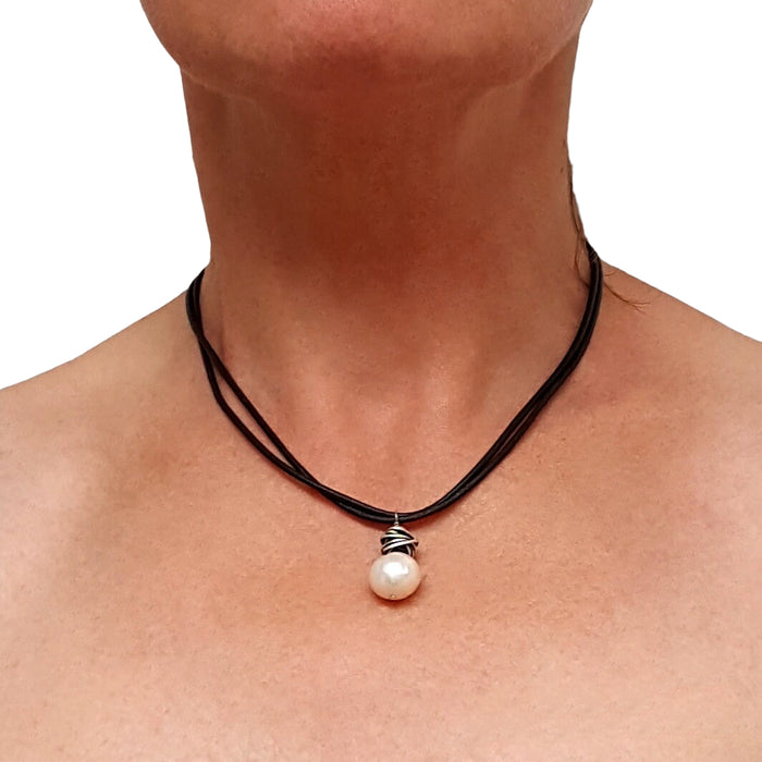 Freshwater Pearl Leather Cord Necklace Silver Wrapped front side look