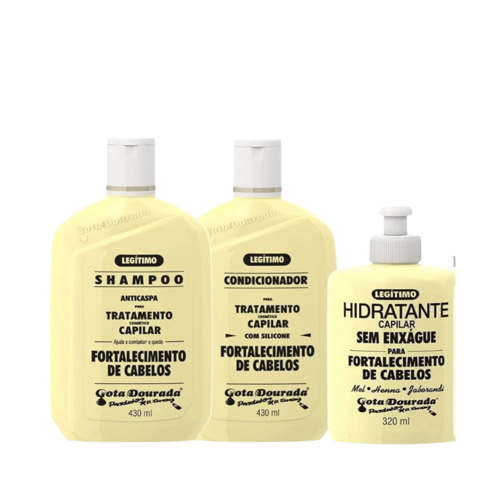 Gota Dourada Hair Strengthening Set – Anti-Dandruff Shampoo, Conditioner, Leave-In cream