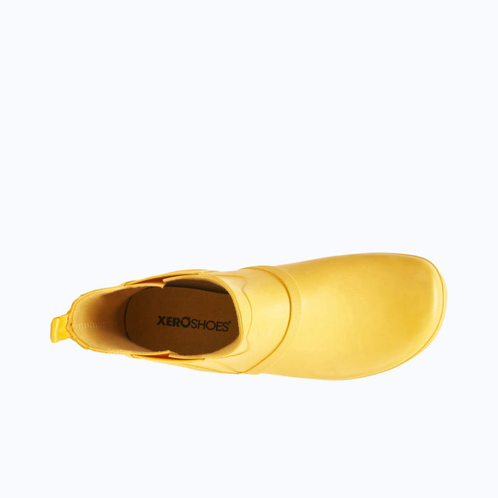 Top View of Xero Shoes Women's Gracie Barefoot Rain Boot in Yellow with Toe Facing Right