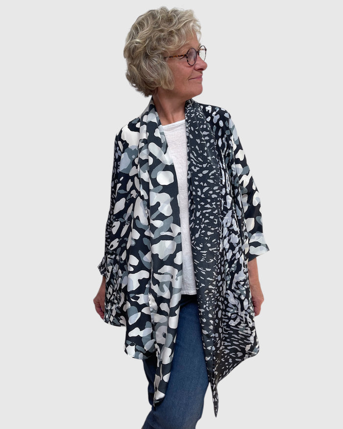 Grey Black White Silk Charmeuse Jacket Shawl Collar on left look