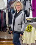 Grey Black Wool Boucle Jacket Open Front Pockets