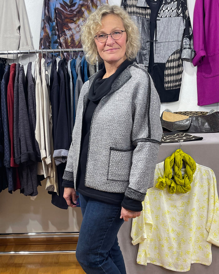 Grey Black Wool Boucle Jacket Open Front Pockets