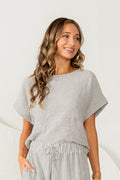Grey/White Relaxed Fit Short Sleeves Striped Top - Posh West Boutique