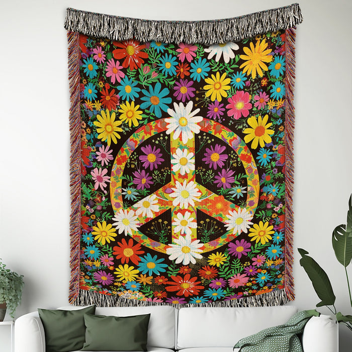Hippie Flower Peace Woven Blanket