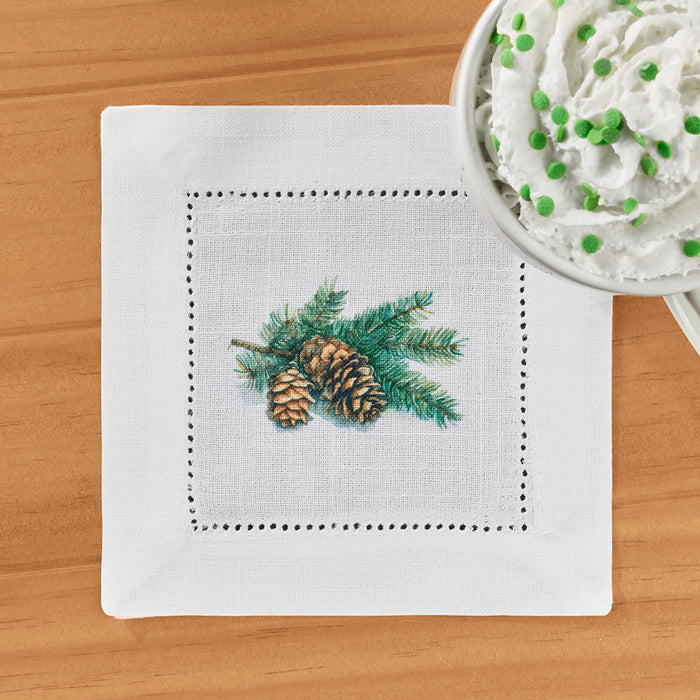 Jolitee Hemstitch Cocktail Napkin Set, Pinecones
