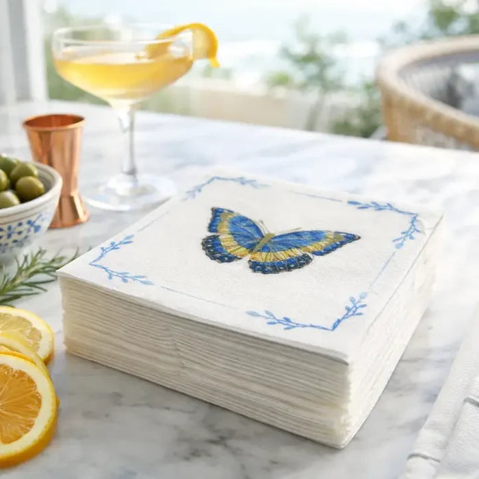Linen Texture Cocktail Napkins -Blue Butterfly