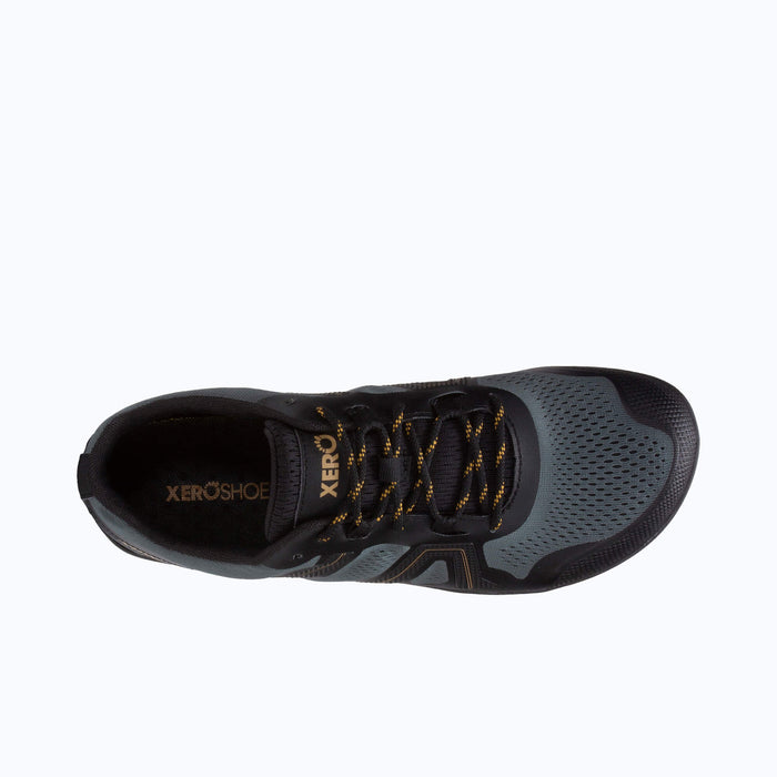 Xero Shoes Mesa Trail II - Men Shoe in Black with Top-down View, Toe Facing Right