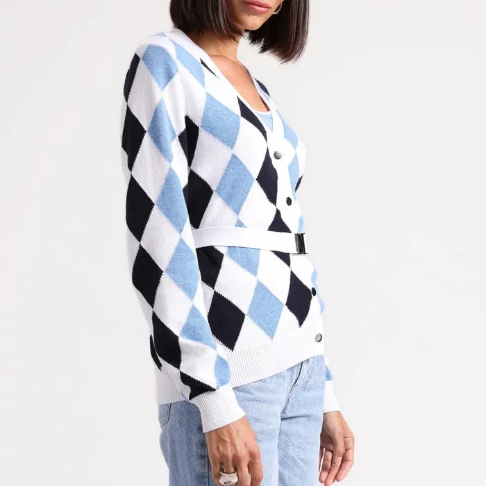Minnie Rose Belted Argyle Cardigan - Navy/Blue/White