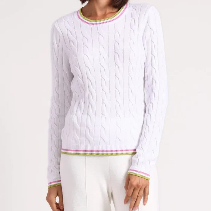 Minnie Rose Sporty Crew Neck Sweater - White/Raspberry/Lime