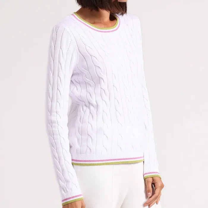 Minnie Rose Sporty Crew Neck Sweater - White/Raspberry/Lime