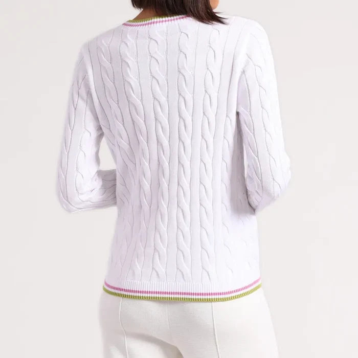 Minnie Rose Sporty Crew Neck Sweater - White/Raspberry/Lime