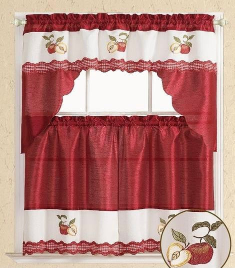 NEVADA APPLES FRUITS BURGUNDY EMBROIDERED DECORATIVE KITCHEN CURTAIN SET 3 PCS