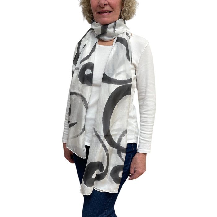 Off White Black Hand Painted Silk Scarf Abstract | Engayla