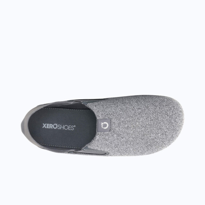 Top View of Xero Shoes Pagosa Men Slipper in Light Gray with Toe Facing Right