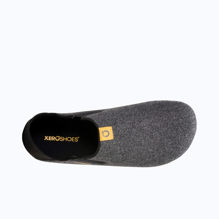 Top view of Xero Shoes Pagosa Men Slipper in Black with Toe Facing Right