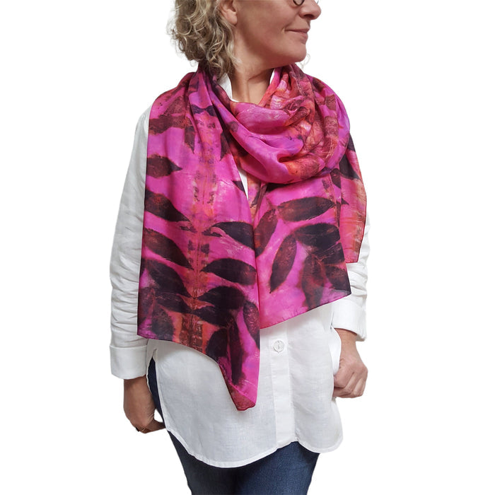 Pink Magenta Eco Print Silk Scarf Black Walnut | Engayla
