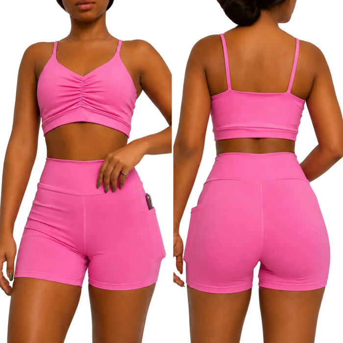 Pink Sculpt Pocket Active Set – Ruched Sports Bra & High Waist Shorts