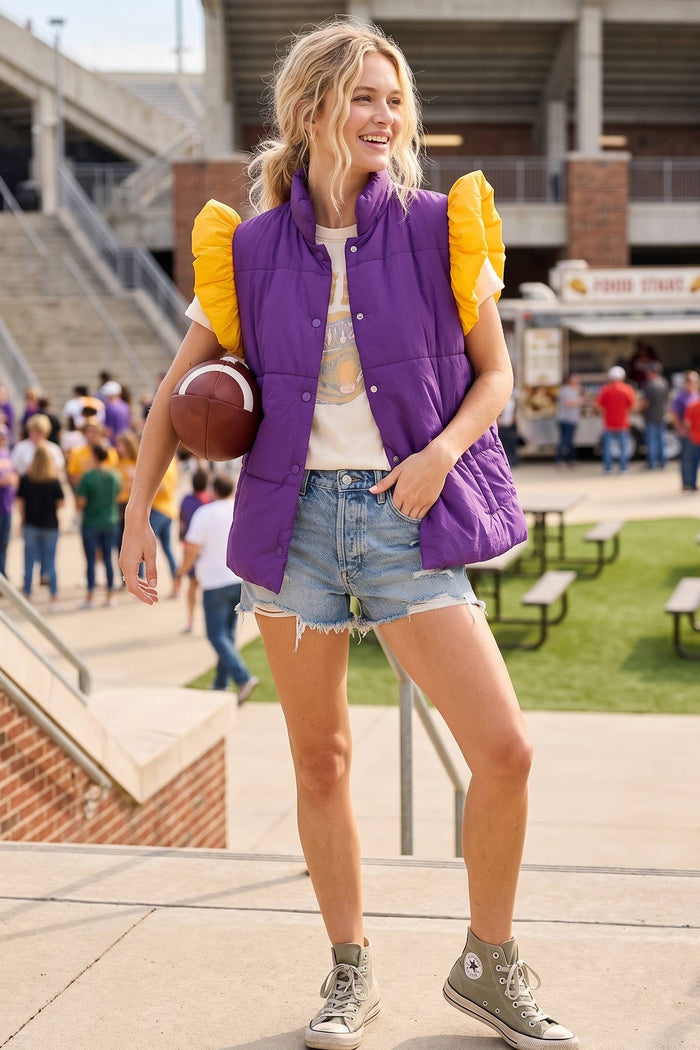 Puff Snap Button Color Block High Neck Vest- Purple/Yellow