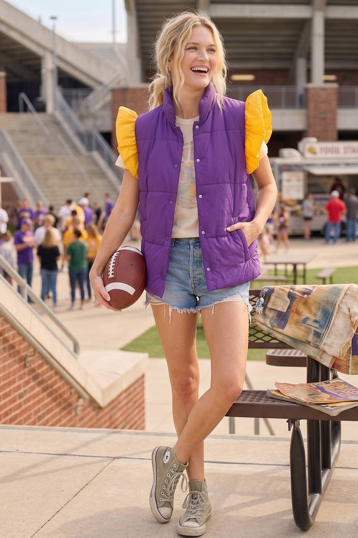 Puff Snap Button Color Block High Neck Vest- Purple/Yellow