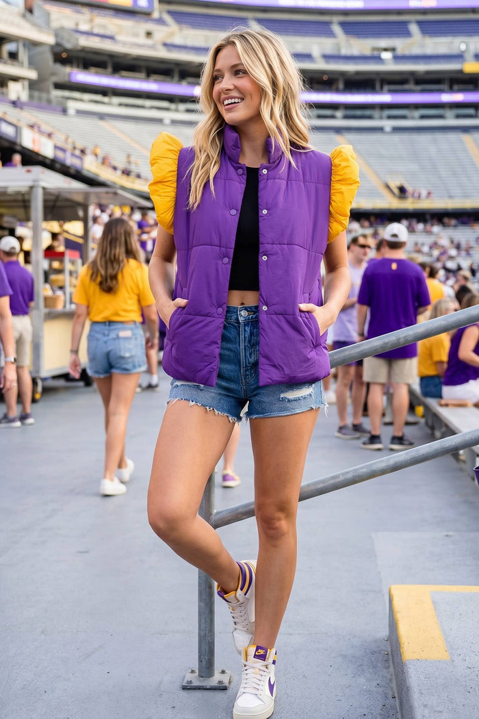 Puff Snap Button Color Block High Neck Vest- Purple/Yellow