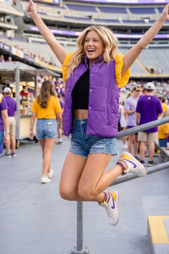 Puff Snap Button Color Block High Neck Vest- Purple/Yellow