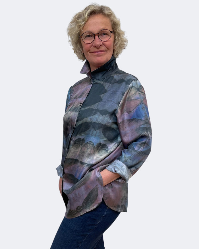 Eco printed black walnut silk twill long shirt