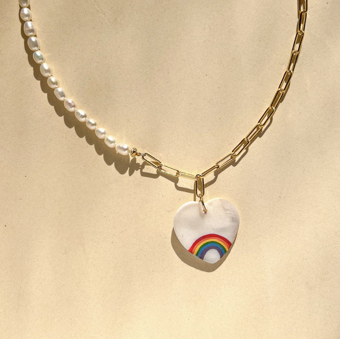 Rainbow Heart Charm Half Pearl Necklace