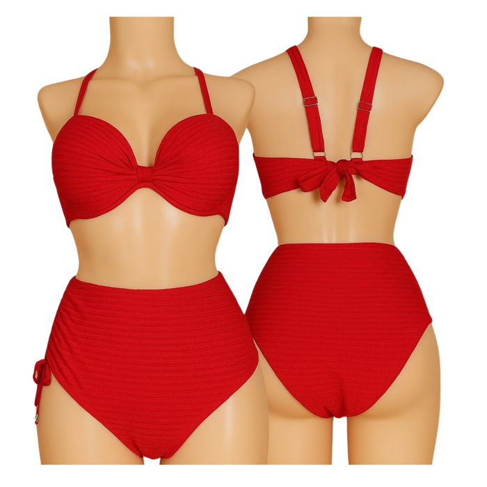 Red Textured High-Waist Bikini Set