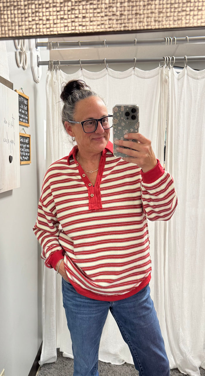 Red V Neck Striped Rugby Top - Posh West Boutique