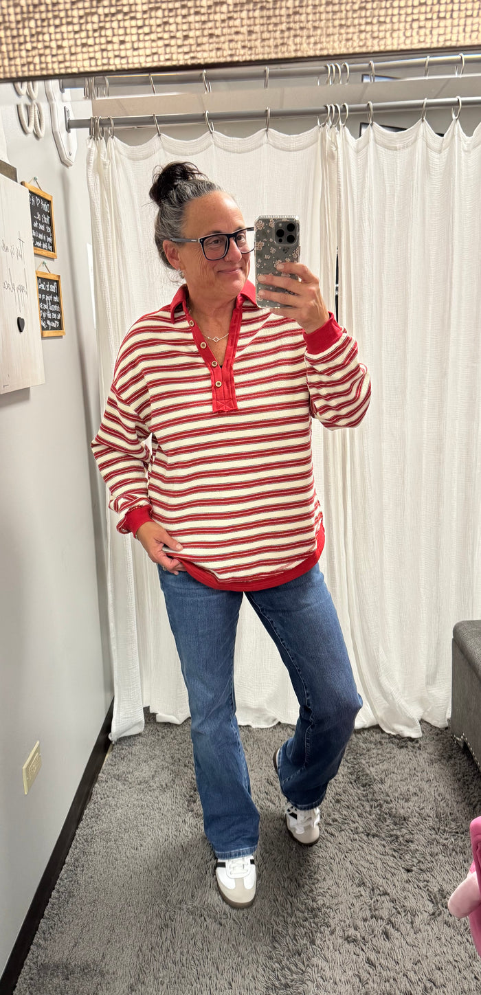 Red V Neck Striped Rugby Top - Posh West Boutique