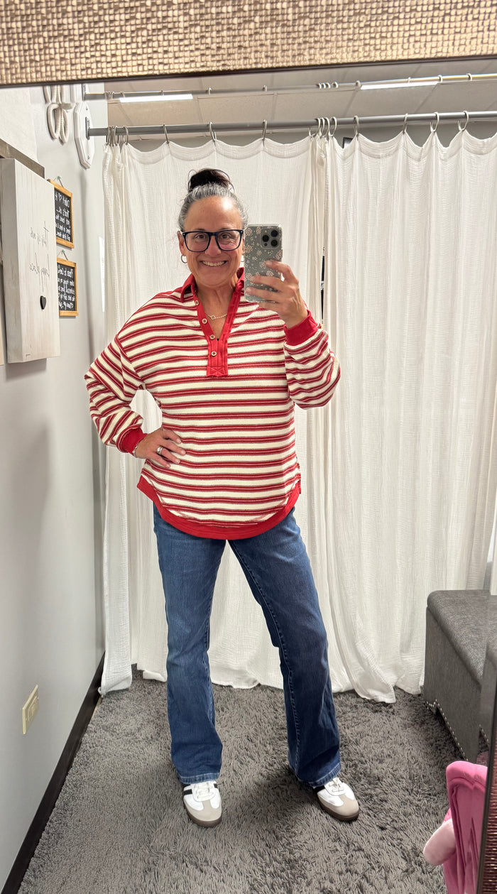 Red V Neck Striped Rugby Top - Posh West Boutique