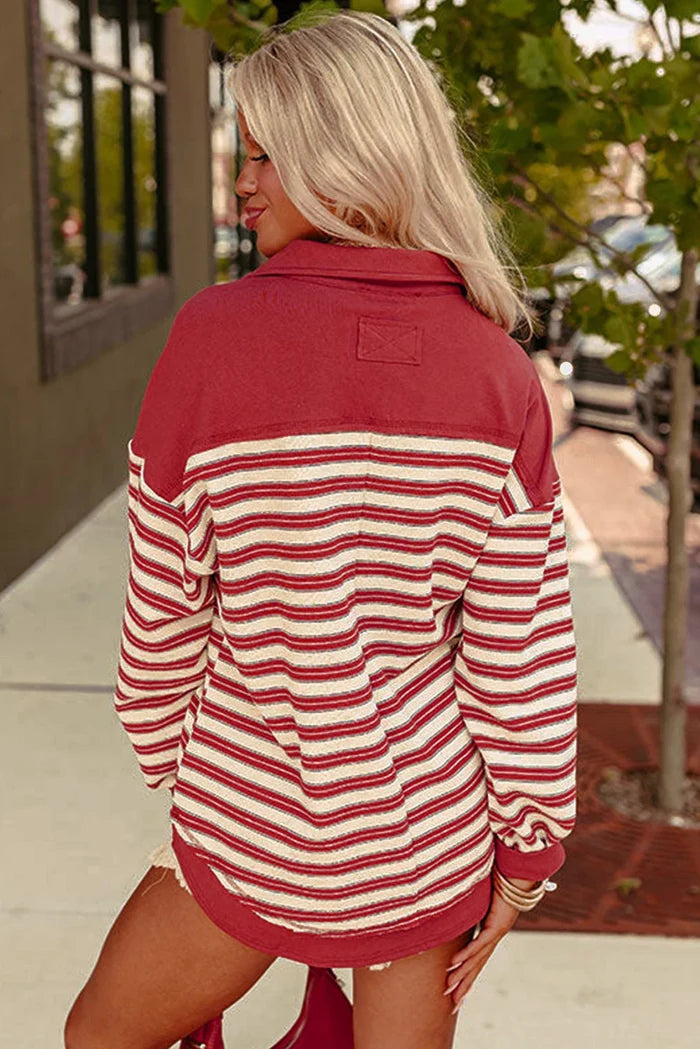 Red V Neck Striped Rugby Top - Posh West Boutique