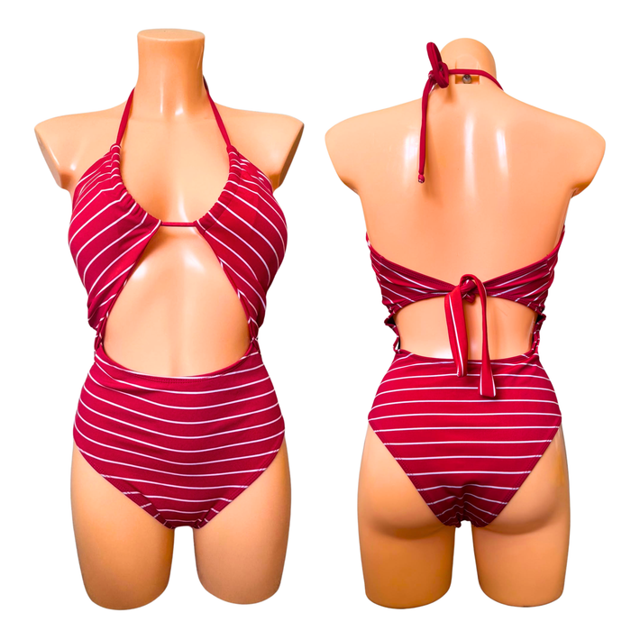 Red & White Striped Cut-Out One-Piece Swimsuit