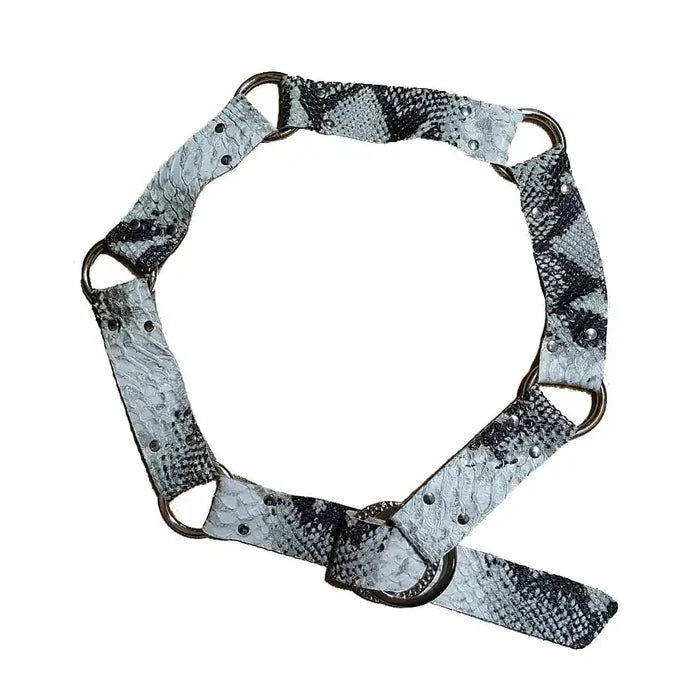 Horse halter with black and gray pattern on a white background