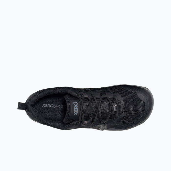 Top View of Xero Shoes Scramble Low EV Men Shoe at Black with Toe Facing Right