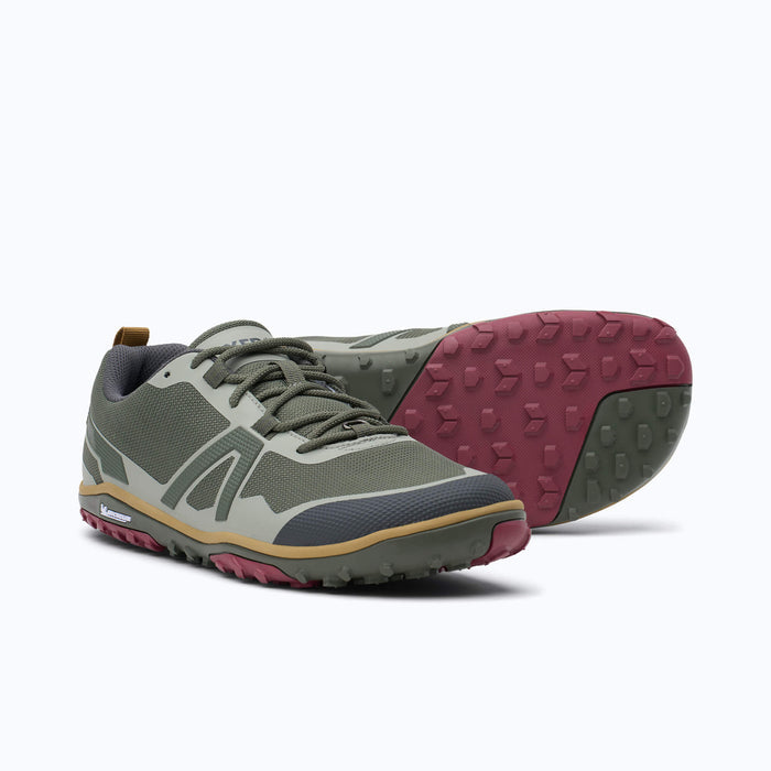 Xero Shoes Scramble Low EV Men Shoes at Army Green with Toe Facing Bottom Right and Outsole with Magenta Red and Gray with Toe Facing Right