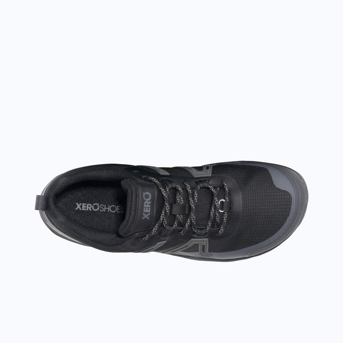 Top View of Xero Shoes Scramble Trail Low WP Men Shoe at Black with Toe Facing Right