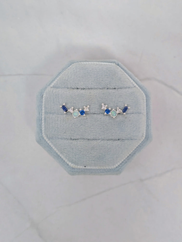 Silver Blue CZ + Opal Cluster Studs