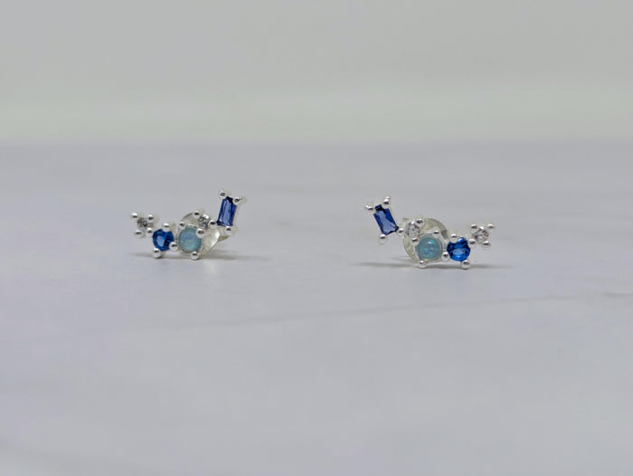 Silver Blue CZ + Opal Cluster Studs