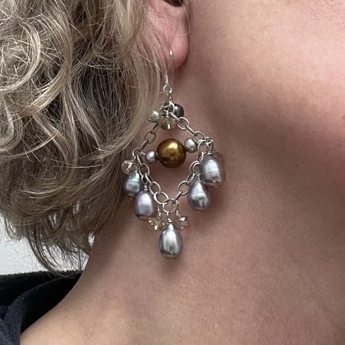 Silver Pearl Crystal Chandelier Earrings Wedding | Engayla
