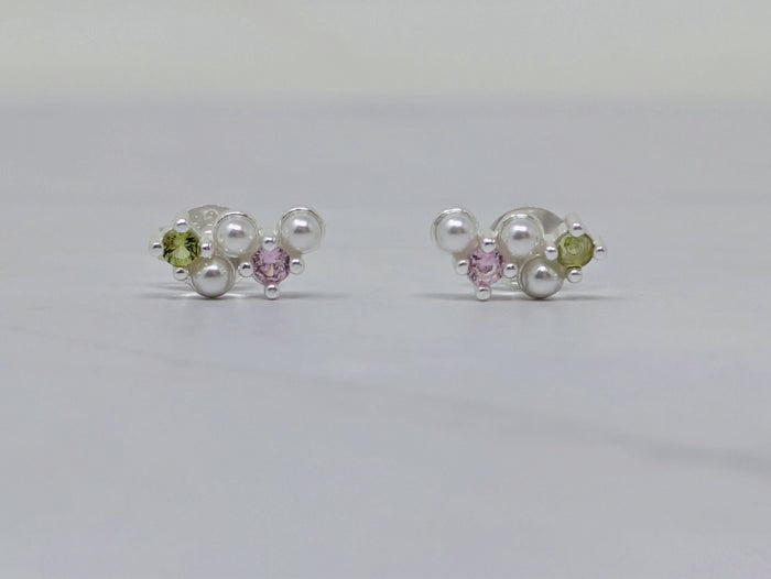 Silver Pearl, Peridot & Pink CZ Studs