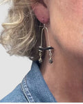 Sterling Silver Black Leather Dangle Earrings Pewter Beads
