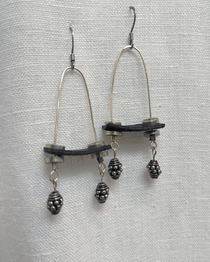 Sterling Silver Black Leather Dangle Earrings Pewter Beads | Engayla