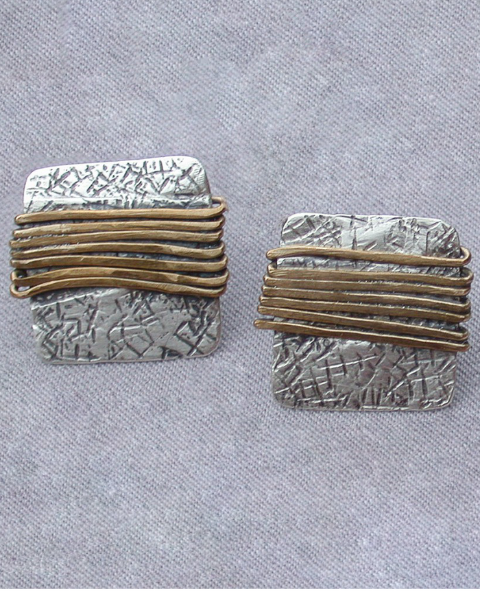 Sterling Silver Brass Wrap Square Earrings Antiqued