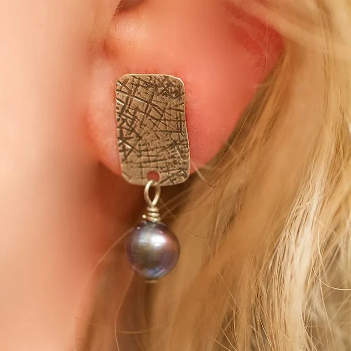 Sterling Silver Freshwater Pearl Dangle Earrings Textured | Engayla