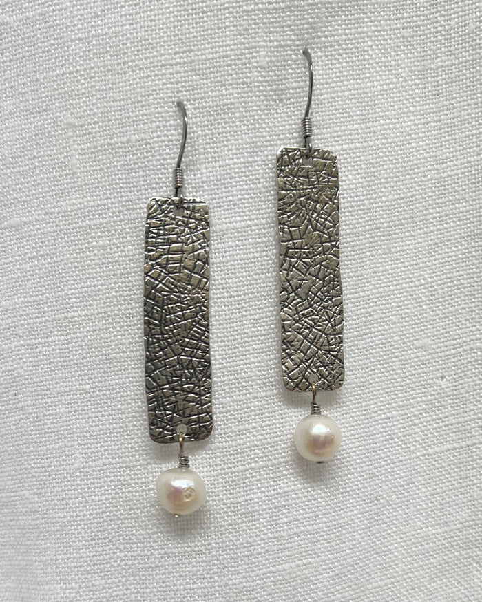 Sterling Silver Rectangle Earrings Freshwater Pearl Drop | Engayla