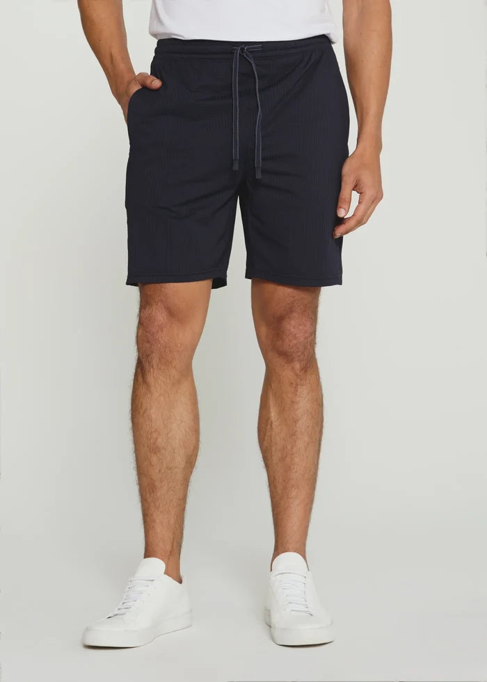 Sutherland Seersucker Stretch Swim Trunk- Navy by 7Diamonds
